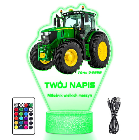 Lampka Nocna 3D LED z Imieniem Traktor Ciągnik John Deere Chłopca Urodziny