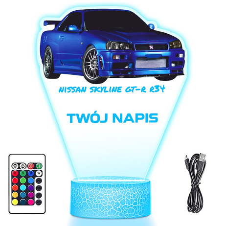 LAMPKA NOCNA LED 3D AUTO Nissan Skyline GT-R R34 prezent dla dziecka URODZINY statuetka + pilot