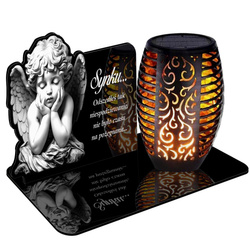 ZNICZ SOLARNY LED WIECZNY PODSTAWKA NA CMENTARZ GRÓB Anioł EFEKT PŁOMIENIA DLA SYNA