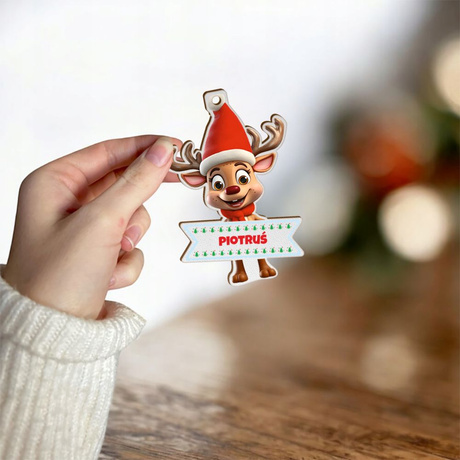 Bombka drewniana z imieniem RENIFER do paczek na święta Mikołaja choinkę