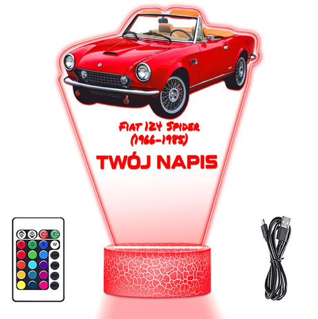 LAMPKA NOCNA LED 3D AUTO Fiat 124 Spider prezent dla dziecka URODZINY statuetka + pilot