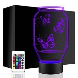 LAMPKA NOCNA LED MOTYLE W SŁOIKU 3D + PILOT prezent URODZINY statuetka