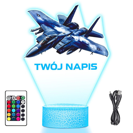 LAMPKA NOCNA LED 3D z imieniem SAMOLOT ODRZUTOWIEC prezent dla dziecka URODZINY statuetka + pilot