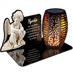 ZNICZ SOLARNY LED WIECZNY PODSTAWKA NA CMENTARZ GRÓB Aniołek EFEKT PŁOMIENIA dla Dziecka Syna