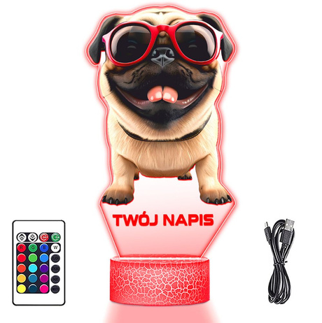 LAMPKA NOCNA LED 3D z imieniem PIESEK PIES MOPS prezent dla dziecka URODZINY statuetka + pilot