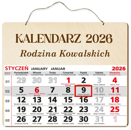 DREWNIANY KALENDARZ 2026 ŚCIENNY NA ŚCIANĘ PREZENT MAMY TATY NA ŚWIĘTĄ
