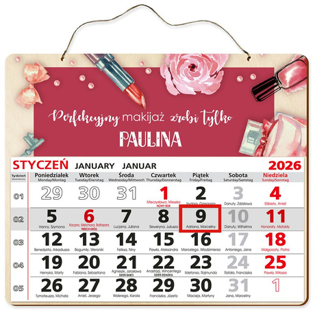 DREWNIANY KALENDARZ 2026 PREZENT MAKIJAŻYSTKA UPOMINEK POD CHOINKĘ ŚWIĘTA