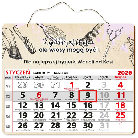 DREWNIANY KALENDARZ 2026 PREZENT FRYZJER FRYZJERKA POD CHOINKĘ ŚWIĘTA