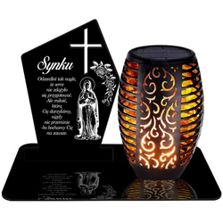 ZNICZ SOLARNY LED WIECZNY PODSTAWKA NA CMENTARZ GRÓB Krzyż EFEKT PŁOMIENIA dla Syna