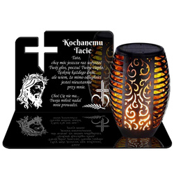 ZNICZ SOLARNY LED WIECZNY PODSTAWKA NA CMENTARZ GRÓB Krzyż EFEKT PŁOMIENIA DLA TATY