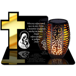 ZNICZ SOLARNY LED WIECZNY PODSTAWKA NA CMENTARZ GRÓB Krzyż EFEKT PŁOMIENIA