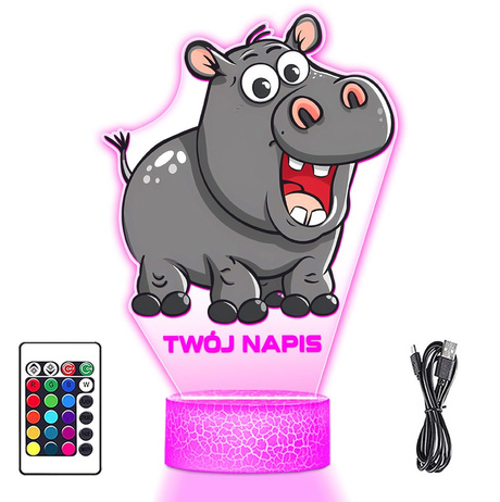 LAMPKA NOCNA LED 3D z imieniem HIPOPOTAM HIPCIO prezent dla dziecka URODZINY statuetka + pilot