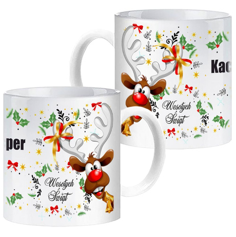 ŚWIĄTECZNY KUBEK Z NADRUKIEM KUBEK Z IMIENIEM NA PREZENT MIKOŁAJKI CHOINKA
