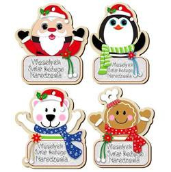 DREWNIANE BOMBKI NA CHOINKĘ Z ŻYCZENIAMI 4 SZT