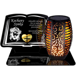 ZNICZ SOLARNY LED WIECZNY PODSTAWKA NA CMENTARZ GRÓB Księga EFEKT PŁOMIENIA DLA SYNA