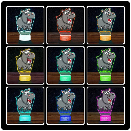 LAMPKA NOCNA LED 3D z imieniem HIPOPOTAM HIPCIO prezent dla dziecka URODZINY statuetka + pilot