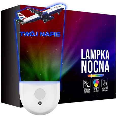 Lampka Nocna LED dla Dziecka SAMOLOT PASAŻERSKI kontaktu gniazdka CZUJNIK
