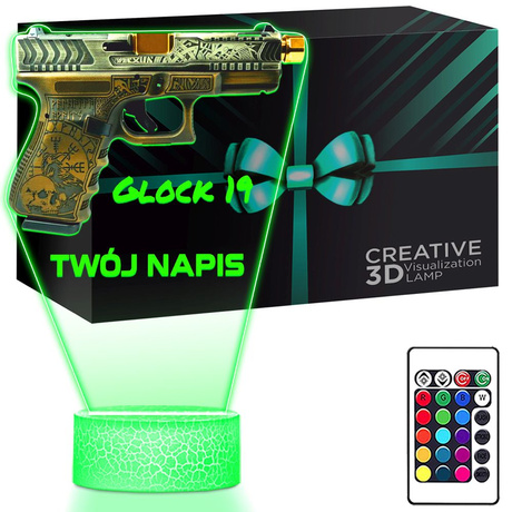 LAMPKA NOCNA LED 3D KARABIN BROŃ PISTOLET GLOCK prezent dla dziecka URODZINY statuetka + pilot