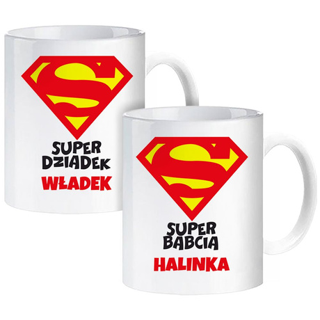 PREZENT NA DZIEŃ BABCI I DZIADKA SUPER BABCIA DZIADEK ZESTAW KUBEK URODZINY 2szt