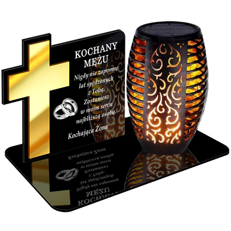 ZNICZ SOLARNY LED WIECZNY PODSTAWKA NA CMENTARZ GRÓB Krzyż EFEKT PŁOMIENIA DLA MĘŻA