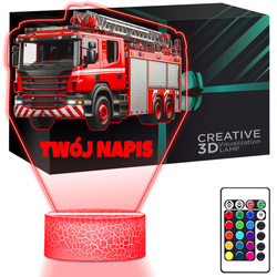 Lampka Nocna 3D LED z Imieniem Wóz Strażacki Prezent dla Dziecka Nastolatka