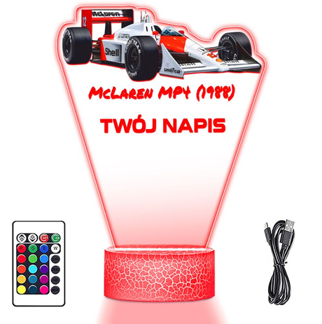 LAMPKA NOCNA LED 3D auto McLaren MP4 bolid F1 prezent dla dziecka URODZINY statuetka + pilot