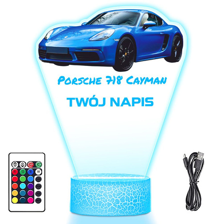 LAMPKA NOCNA LED 3D AUTO Porsche 718 Cayman prezent dla dziecka URODZINY statuetka + pilot