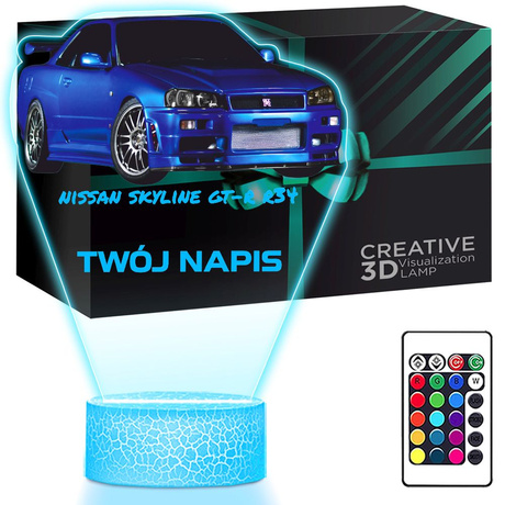 LAMPKA NOCNA LED 3D AUTO Nissan Skyline GT-R R34 prezent dla dziecka URODZINY statuetka + pilot