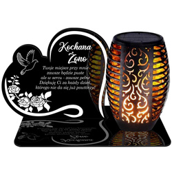 ZNICZ SOLARNY LED WIECZNY PODSTAWKA NA CMENTARZ GRÓB Serce EFEKT PŁOMIENIA DLA ŻONY