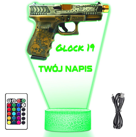 LAMPKA NOCNA LED 3D KARABIN BROŃ PISTOLET GLOCK prezent dla dziecka URODZINY statuetka + pilot