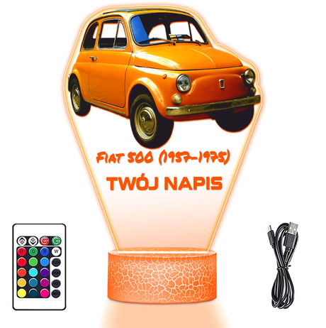LAMPKA NOCNA LED 3D AUTO FIAT 500 prezent dla dziecka URODZINY statuetka + pilot