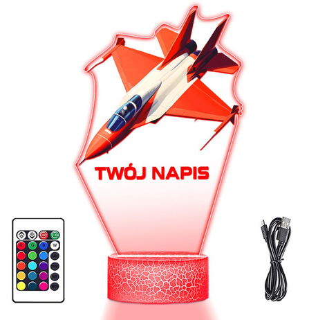 LAMPKA NOCNA LED 3D z imieniem SAMOLOT ODRZUTOWIEC prezent dla dziecka URODZINY statuetka + pilot