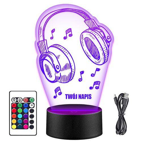 LAMPKA NOCNA LED SŁUCHAWKI MUZYKA 3D + PILOT prezent URODZINY statuetka