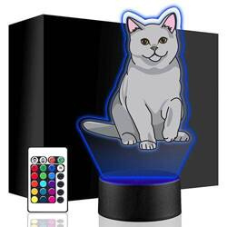LAMPKA NOCNA LED KOT BRYTYJSKI KOTEK 3D + PILOT prezent URODZINY statuetka