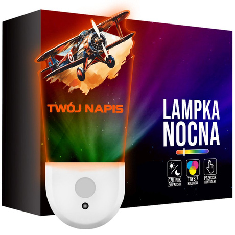 Lampka Nocna LED dla Dziecka imieniem SAMOLOT do kontaktu gniazdka CZUJNIK