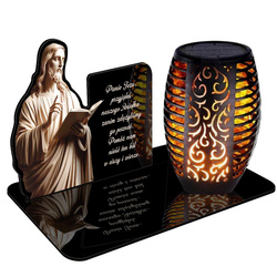 ZNICZ SOLARNY LED WIECZNY PODSTAWKA NA CMENTARZ GRÓB Jezus EFEKT PŁOMIENIA