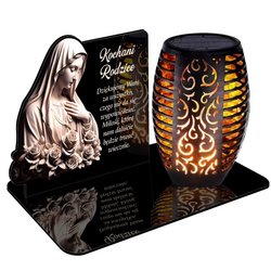 ZNICZ SOLARNY LED WIECZNY PODSTAWKA NA CMENTARZ GRÓB Maryja EFEKT PŁOMIENIA dla Rodziców