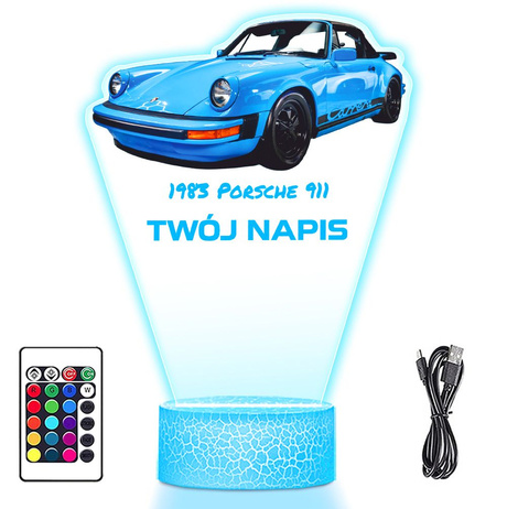 LAMPKA NOCNA LED 3D AUTO Porsche 911 z 1983 prezent dla dziecka URODZINY statuetka + pilot