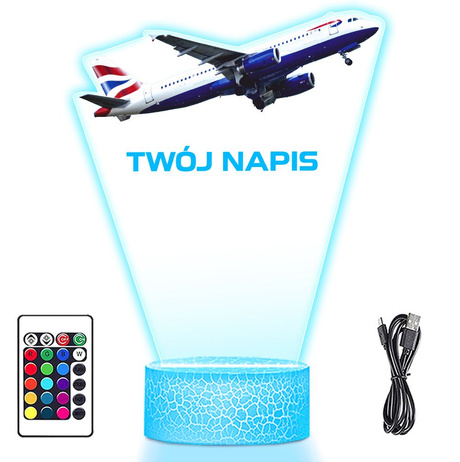 LAMPKA NOCNA LED 3D z imieniem SAMOLOT PASAŻERSKI prezent dla dziecka URODZINY statuetka + pilot