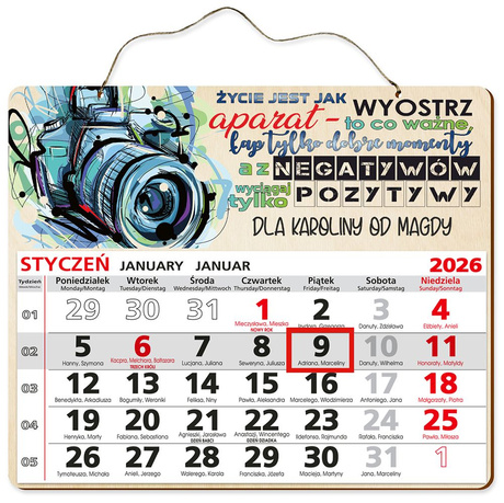 DREWNIANY KALENDARZ 2026 PREZENT FOTOGRAF UPOMINEK POD CHOINKĘ ŚWIĘTA