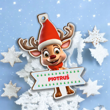 Bombka drewniana z imieniem RENIFER do paczek na święta Mikołaja choinkę