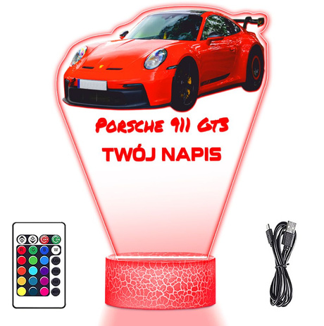LAMPKA NOCNA LED 3D AUTO Porsche 911 GT3 prezent dla dziecka URODZINY statuetka + pilot