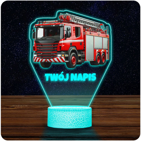 Lampka Nocna 3D LED z Imieniem Wóz Strażacki Prezent dla Dziecka Nastolatka