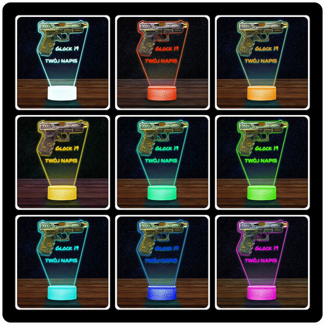 LAMPKA NOCNA LED 3D KARABIN BROŃ PISTOLET GLOCK prezent dla dziecka URODZINY statuetka + pilot