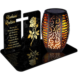 ZNICZ SOLARNY LED WIECZNY PODSTAWKA NA CMENTARZ GRÓB Aniołek EFEKT PŁOMIENIA dla RODZICÓW