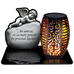 ZNICZ SOLARNY LED WIECZNY PODSTAWKA NA CMENTARZ GRÓB Aniołek EFEKT PŁOMIENIA dla DLA DZIECKA SYNA CÓRKI