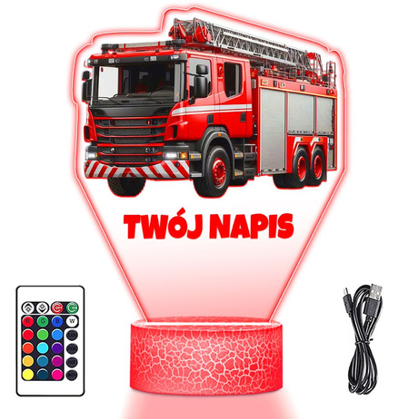 Lampka Nocna 3D LED z Imieniem Wóz Strażacki Prezent dla Dziecka Nastolatka