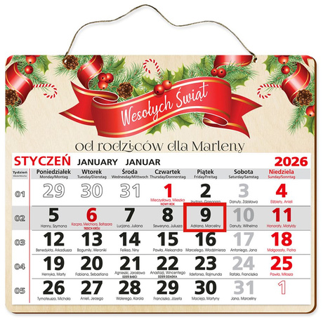 PREZENT BOŻE NARODZENIE KALENDARZ 2026 DREWNIANY PREZENT POD CHOINKĘ ŚWIĘTA