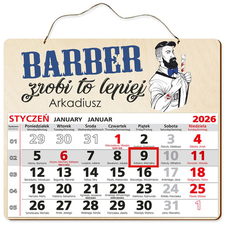 DREWNIANY KALENDARZ 2026 PREZENT BARBER UPOMINEK POD CHOINKĘ ŚWIĘTA
