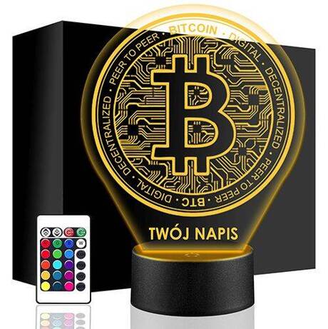 LAMPKA NOCNA BITCOIN KRYPTOWALUTY 3D LED + PILOT prezent URODZINY